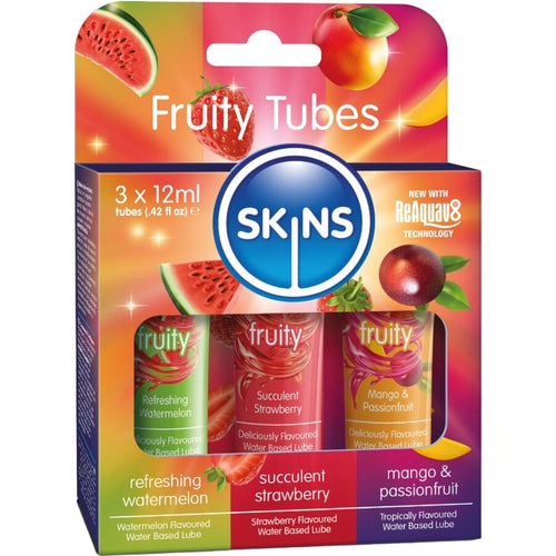 Coffret Skins Fruity Tubes trio de lubrifiants gourmands base eau pasteque fraise mangue, boite colore avec trois tubes format 12 ml a tester