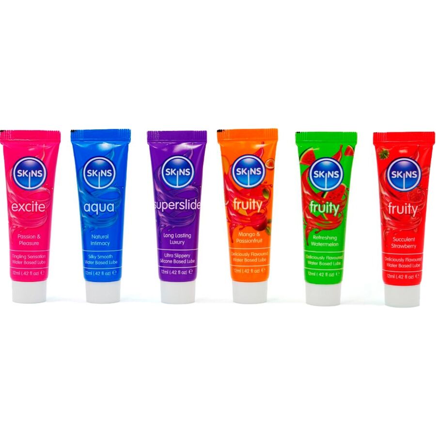 Six tubes Skins alignes multicolores essentiels et fruites, coffret decouverte de lubrifiants base eau et saveurs gourmandes en format 12 ml