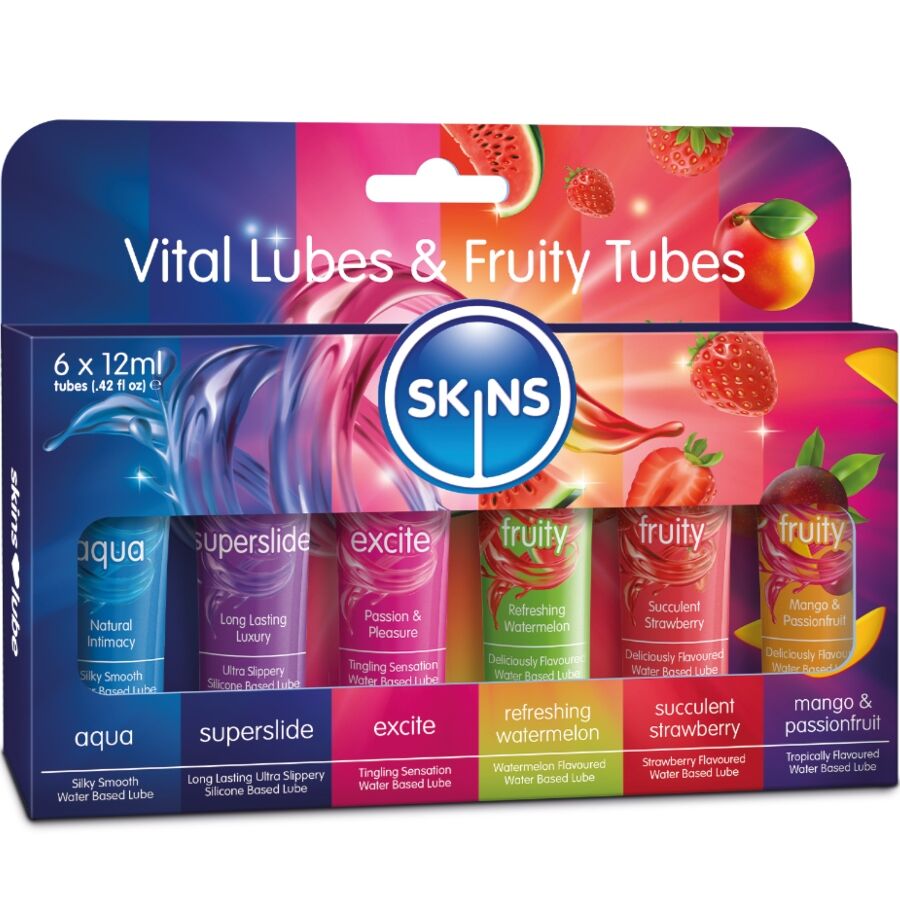 Coffret Skins Vital Lubes et Fruity Tubes de six lubrifiants 12 ml, boite assortie melangeant formules essentielles base eau et saveurs fruitees