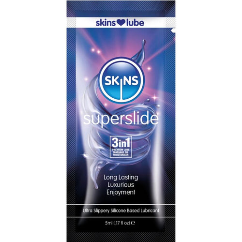 Dosette foil Skins Superslide 3 en 1 vue de face, echantillon de lubrifiant base silicone longue duree 5 ml, glisse luxueuse et resistante a l'eau