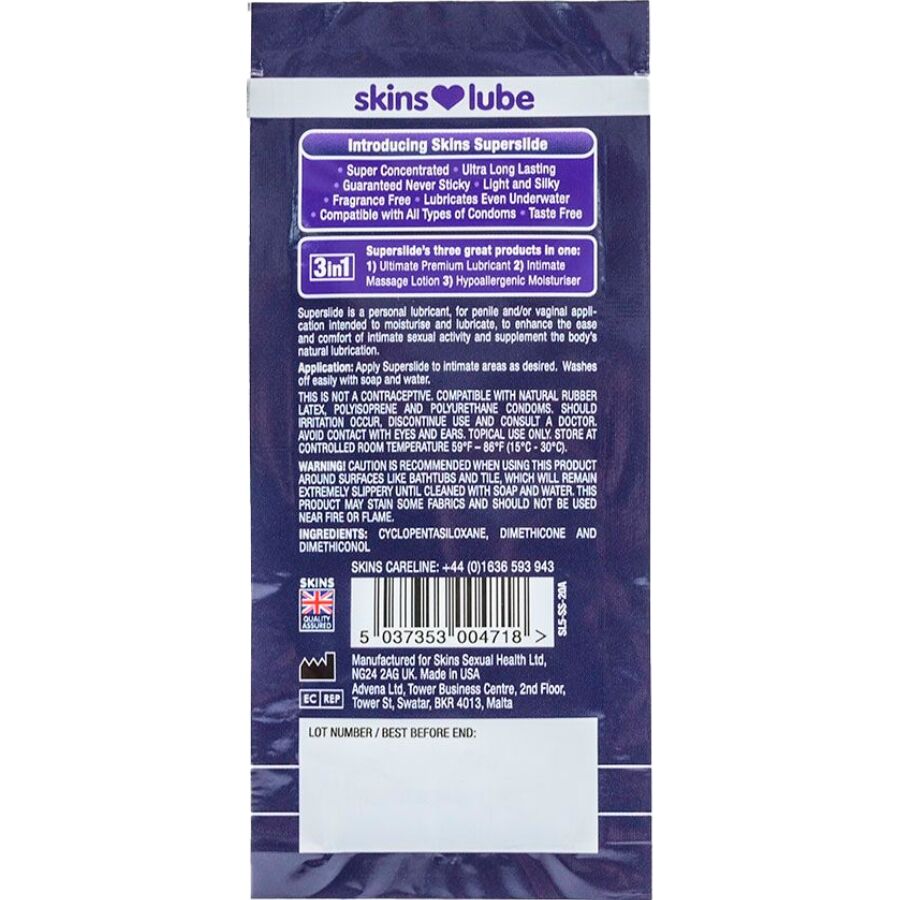 Dos de la dosette Skins Superslide avec notice et code-barres, lubrifiant base silicone 3 en 1 longue duree resistant a l'eau, format echantillon
