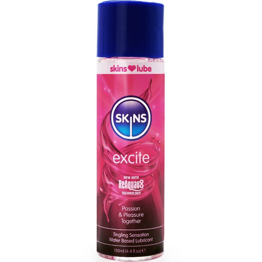 Flacon Skins Excite lubrifiant base eau effet picotement, etiquette rose vif, formule stimulante a la L-arginine qui reveille les zones sensibles