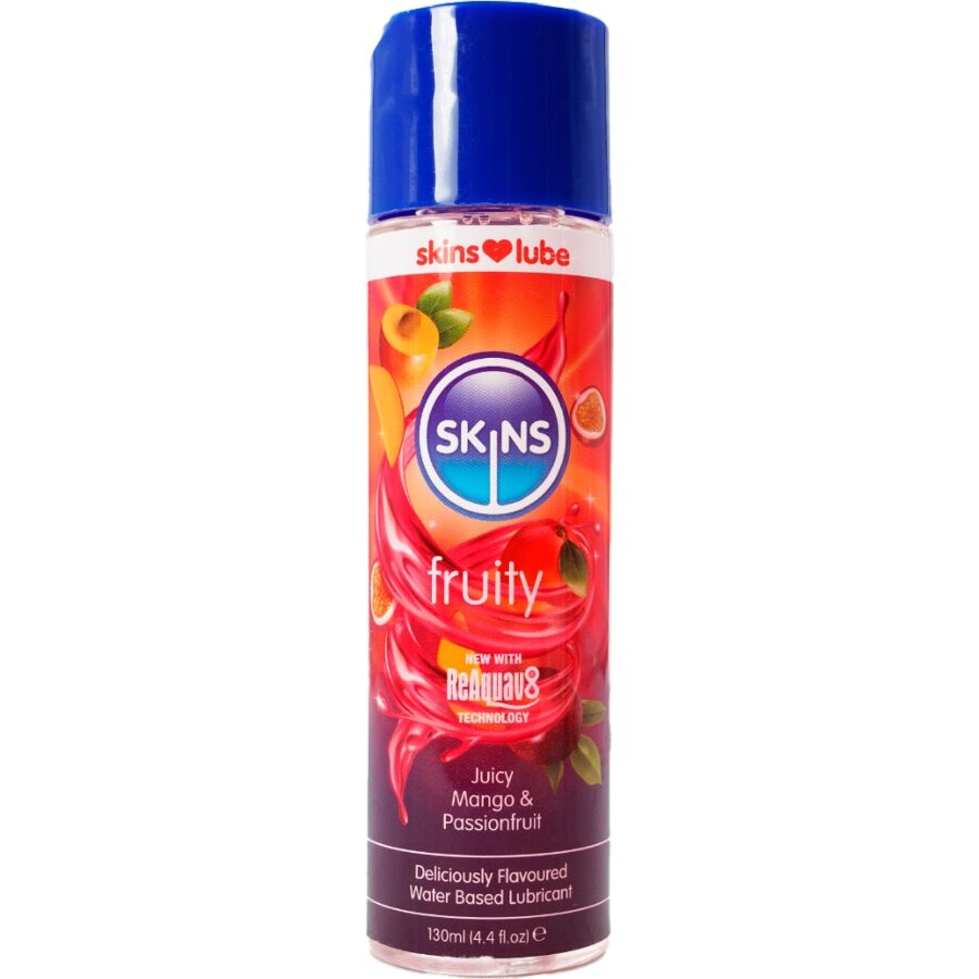 Flacon Skins Fruity lubrifiant gourmand base eau saveur mangue et fruit de la passion, etiquette orangee, texture douce compatible preservatifs et jouets