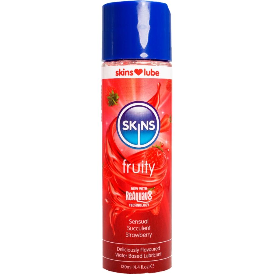 Flacon Skins Fruity lubrifiant gourmand base eau saveur fraise, etiquette rouge fraise, glisse douce qui ne tache pas compatible preservatifs et jouets