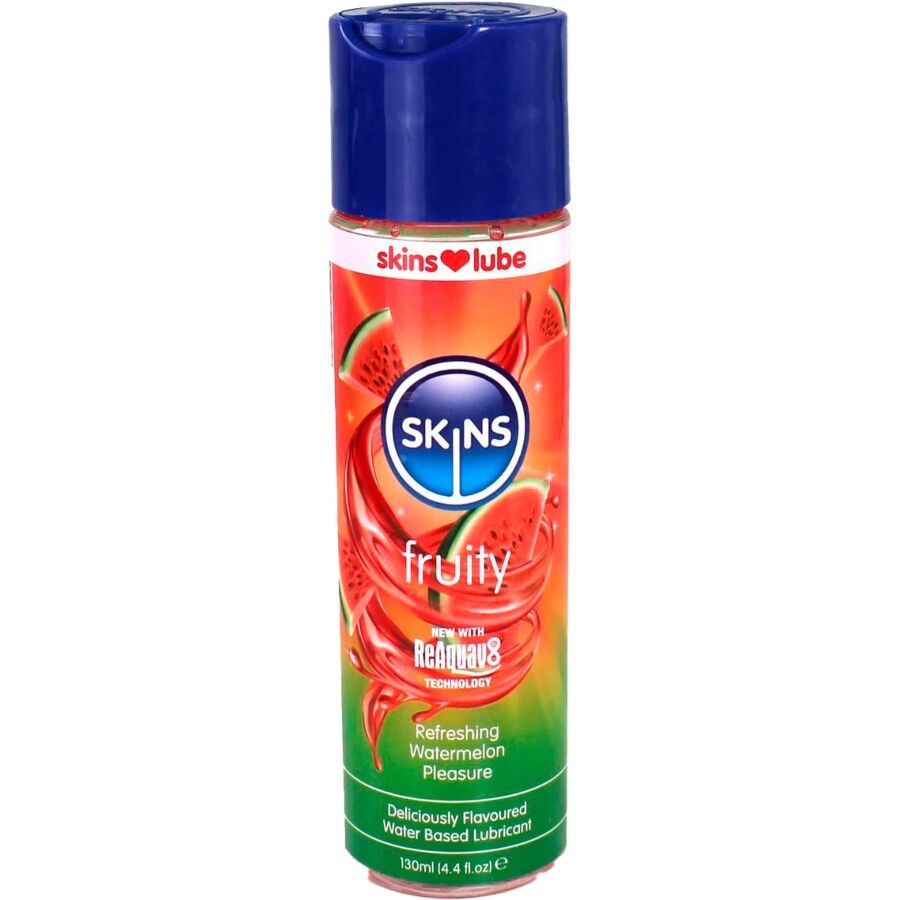 Flacon Skins Fruity lubrifiant gourmand base eau saveur pasteque, etiquette degradee multicolore, note estivale rafraichissante pour preliminaires