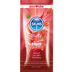 Sachet dose unique Skins Fruity fraise 5 ml, pochette rouge avec fraises, lubrifiant gourmand base eau saveur juteuse compatible preservatifs format voyage