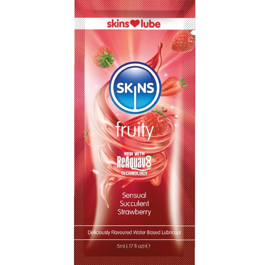 Sachet dose unique Skins Fruity fraise 5 ml, pochette rouge avec fraises, lubrifiant gourmand base eau saveur juteuse compatible preservatifs format voyage