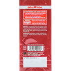 Dos du sachet Skins Fruity fraise 5 ml, notice et ingredients sur fond rouge, lubrifiant gourmand base eau compatible preservatifs latex