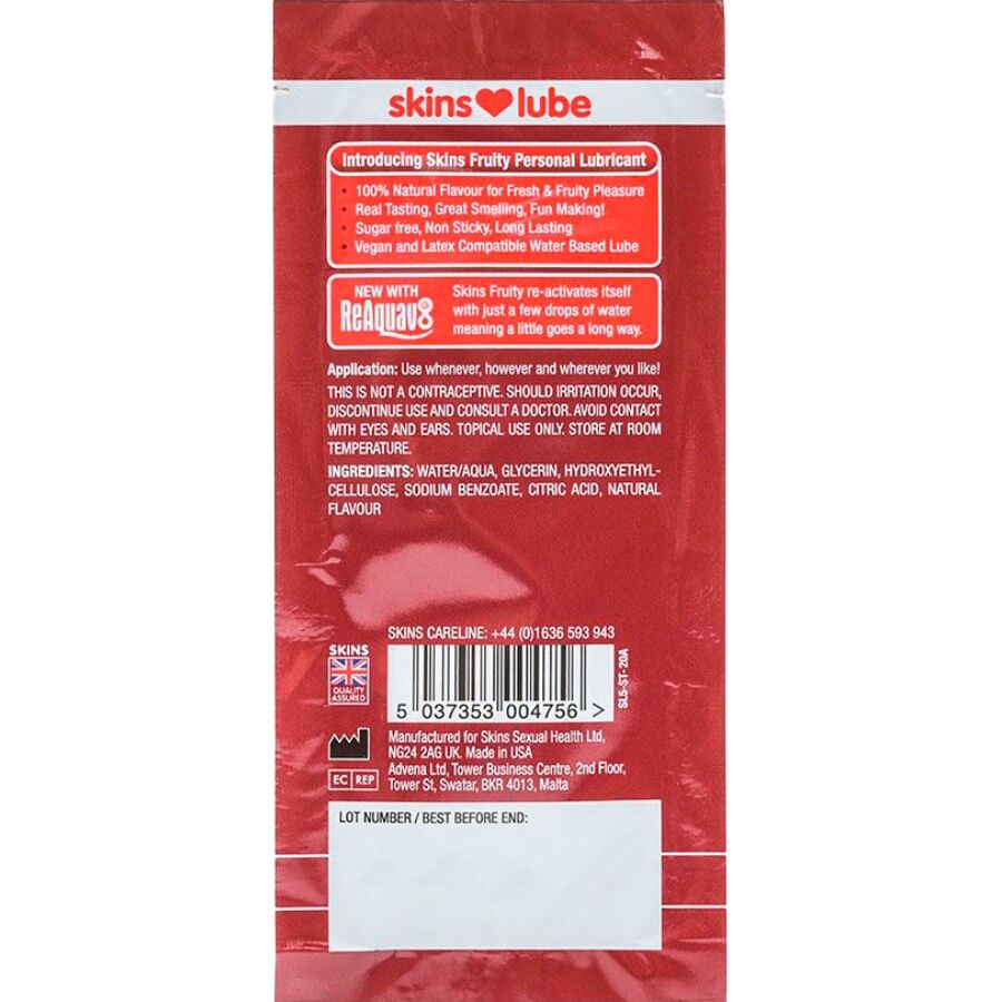 Dos du sachet Skins Fruity fraise 5 ml, notice et ingredients sur fond rouge, lubrifiant gourmand base eau compatible preservatifs latex