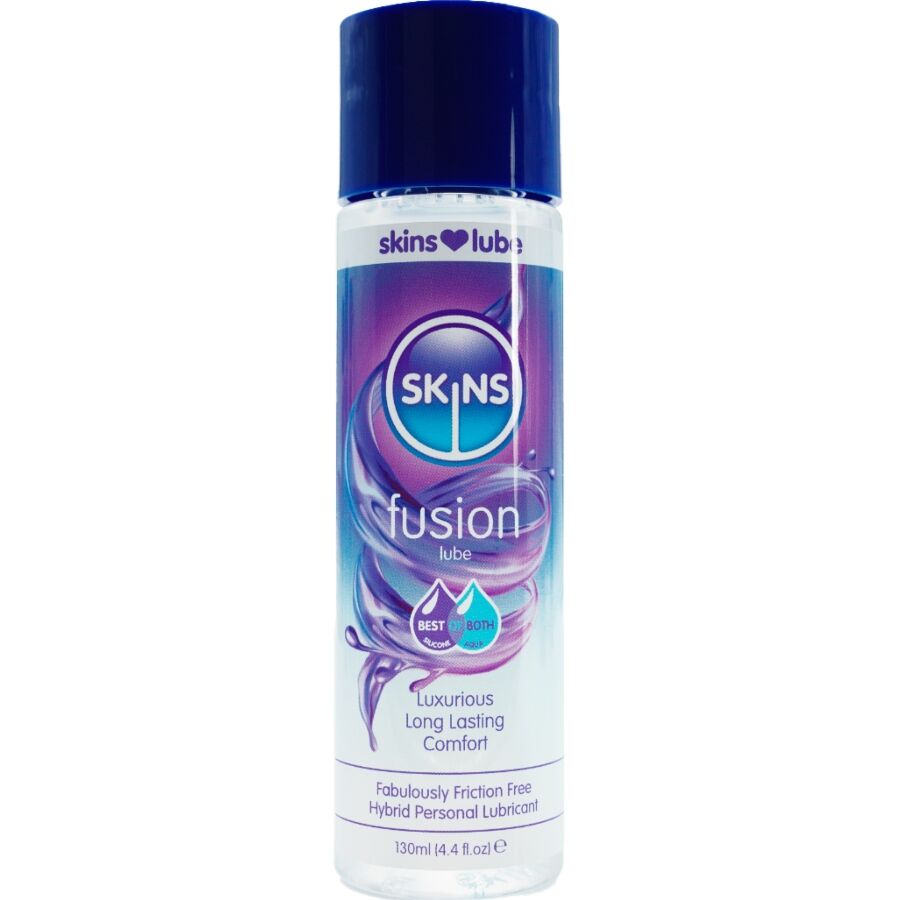 Flacon Skins Fusion lubrifiant hybride eau et silicone, etiquette violette, glisse longue duree au toucher naturel pour confort prolonge