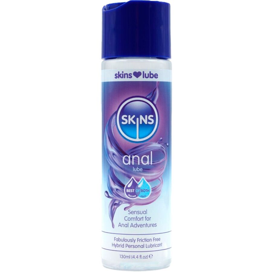 Flacon Skins lubrifiant anal hybride eau et silicone 130 ml, etiquette bleu fonce, glisse dense et durable veloutee reduisant les frottements