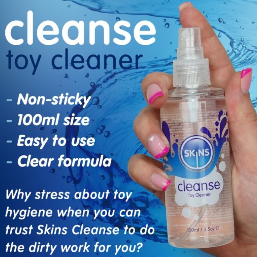 Visuel Skins Cleanse toy cleaner tenu en main, spray 100 ml clair non collant, nettoyant pratique pour l'hygiene des jouets apres chaque usage