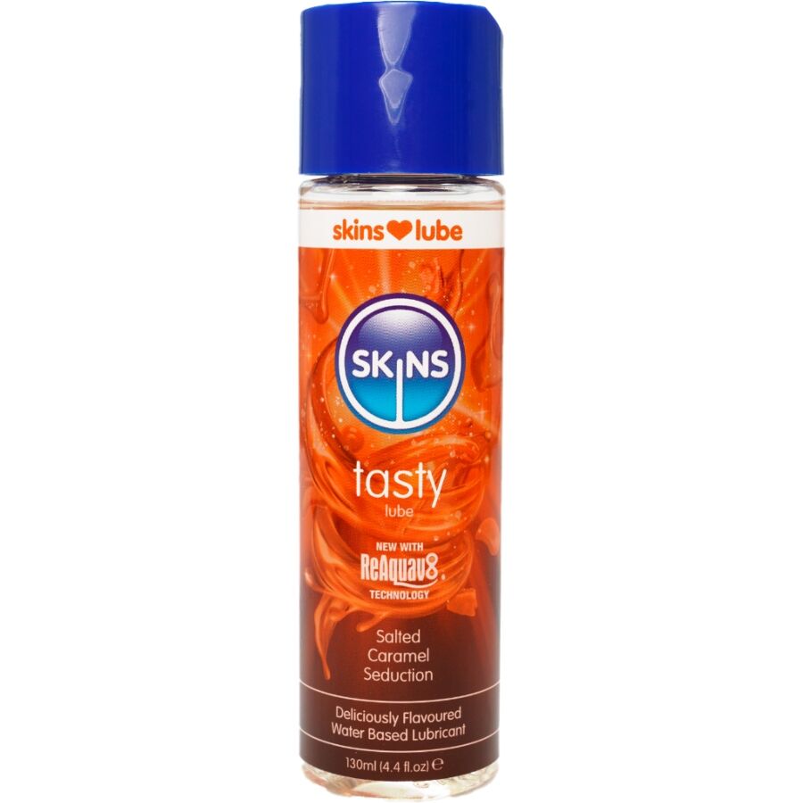 Flacon Skins Tasty lubrifiant gourmand base eau saveur caramel sale, etiquette orange, texture soyeuse vegane compatible preservatifs et jouets
