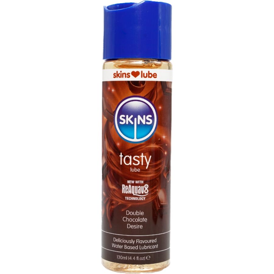 Flacon Skins Tasty lubrifiant gourmand base eau saveur double chocolat, etiquette brune, texture soyeuse vegane qui ne tache pas compatible jouets
