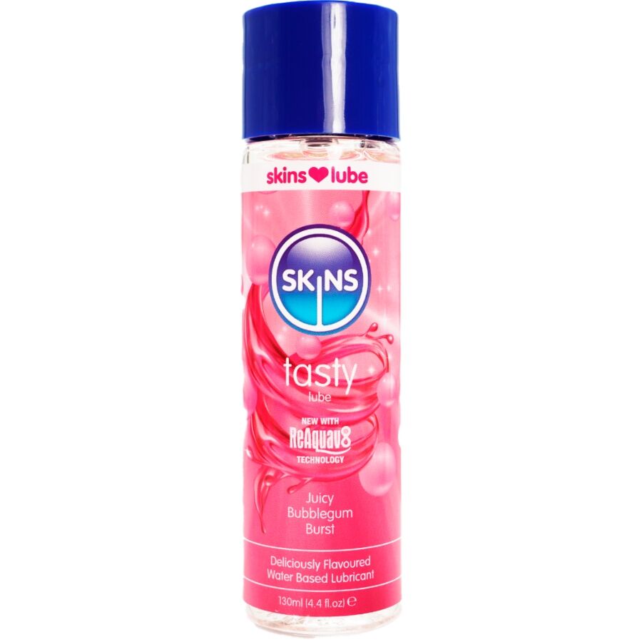 Flacon Skins Tasty lubrifiant gourmand base eau saveur bubblegum, etiquette rose vif, note petillante et ludique compatible preservatifs et jouets
