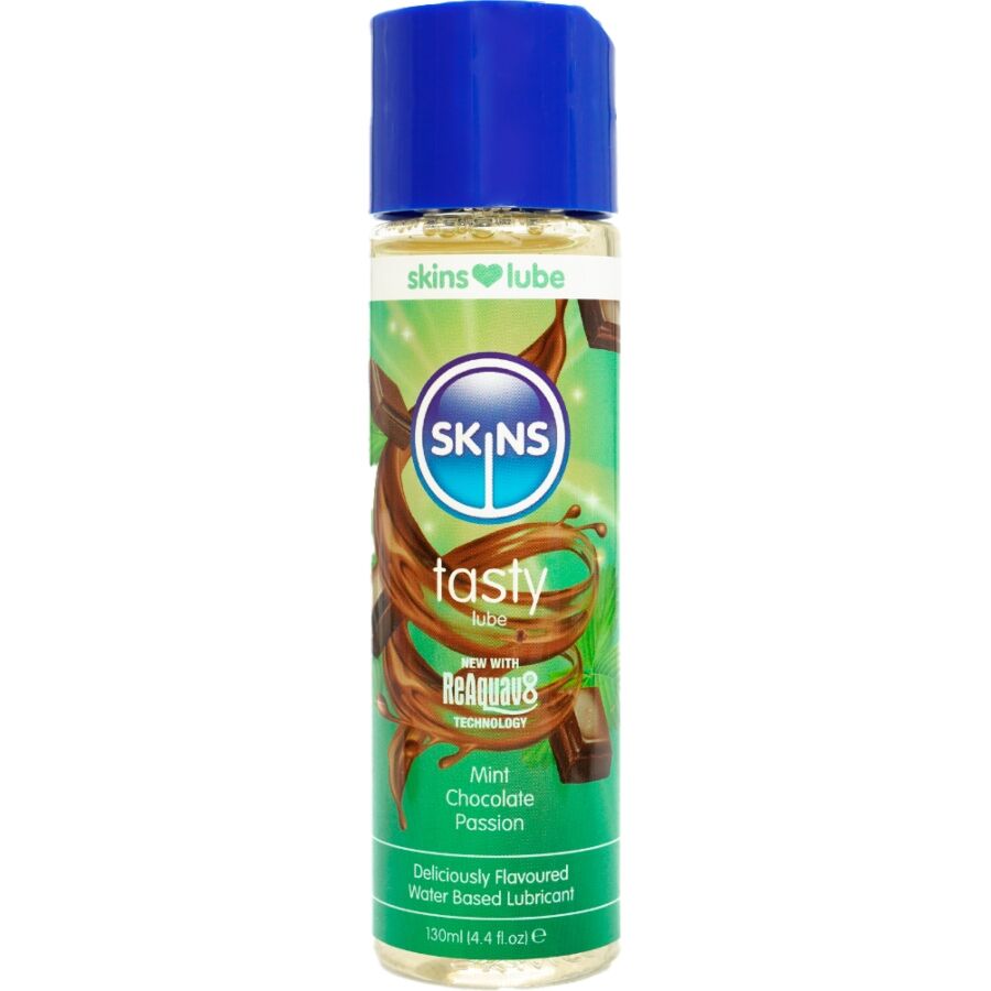 Flacon Skins Tasty lubrifiant gourmand base eau menthe et chocolat, etiquette verte, alliance fraicheur et onctuosite compatible preservatifs et jouets