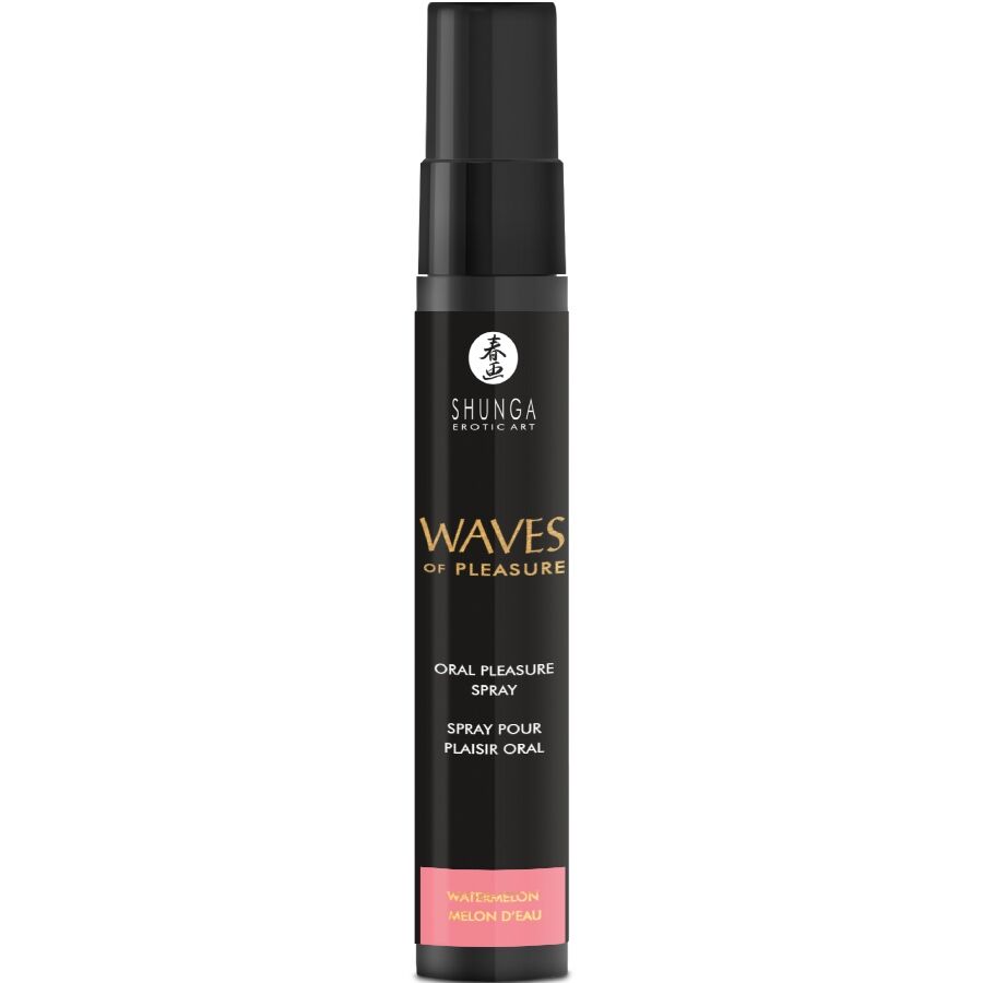 Flacon spray noir Shunga Waves plaisir oral saveur pasteque debout de face, vaporisateur gourmand rafraichissant pour sublimer le sexe oral, 20 ml