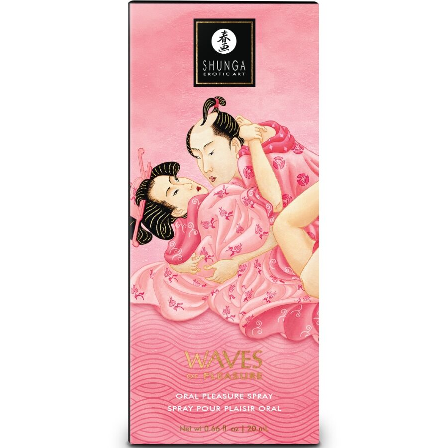Boite rose Shunga Waves spray plaisir oral pasteque, face illustree d'une estampe japonaise erotique d'un couple enlace, coffret stimulant oral gourmand