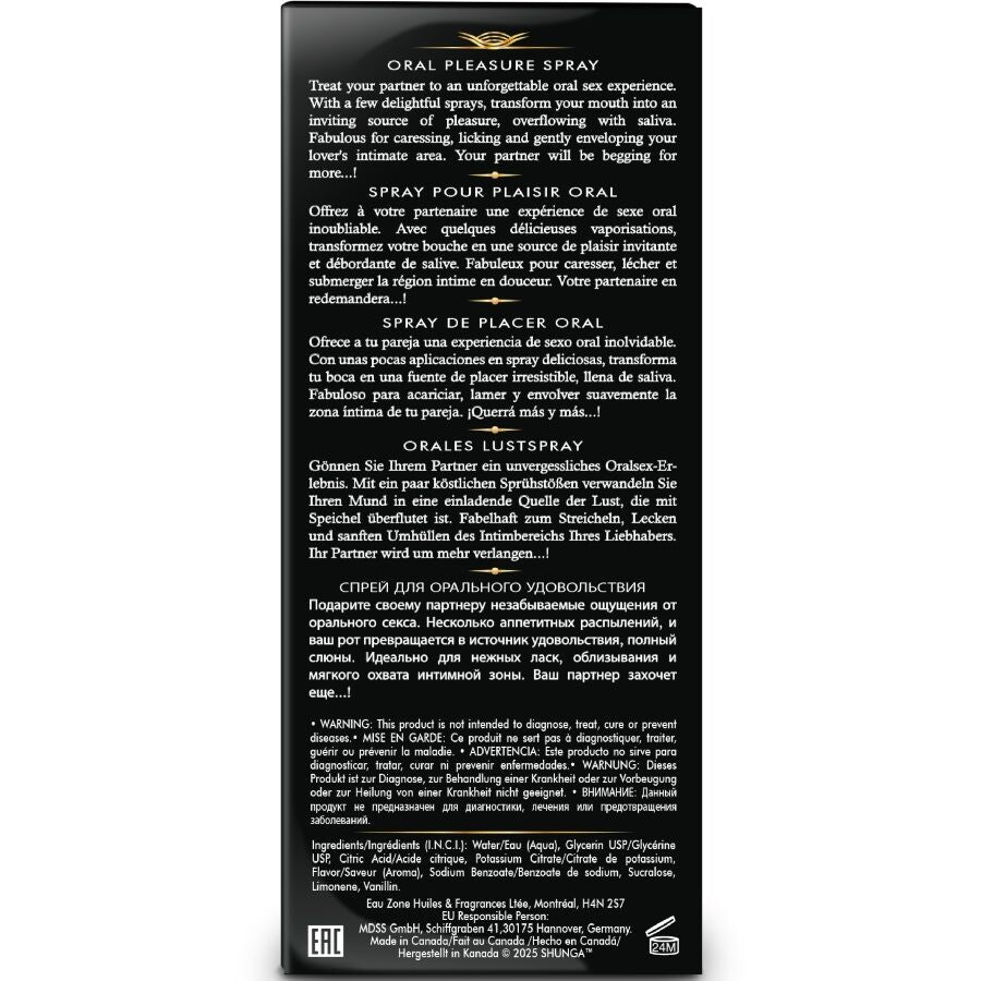 Dos de boite noir Shunga Waves plaisir oral affichant la notice multilingue et la composition, packaging informatif du spray stimulant pour caresses orales