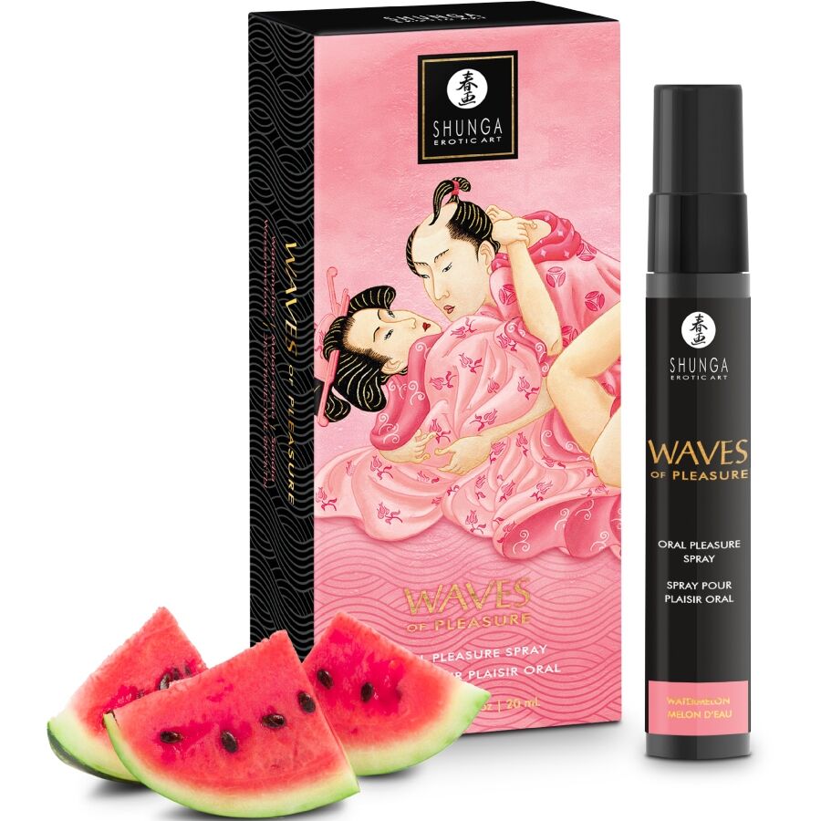 Coffret rose Shunga Waves plaisir oral saveur pasteque avec flacon spray, boite ornee d'une estampe erotique japonaise, presente avec tranches de pasteque fraiche