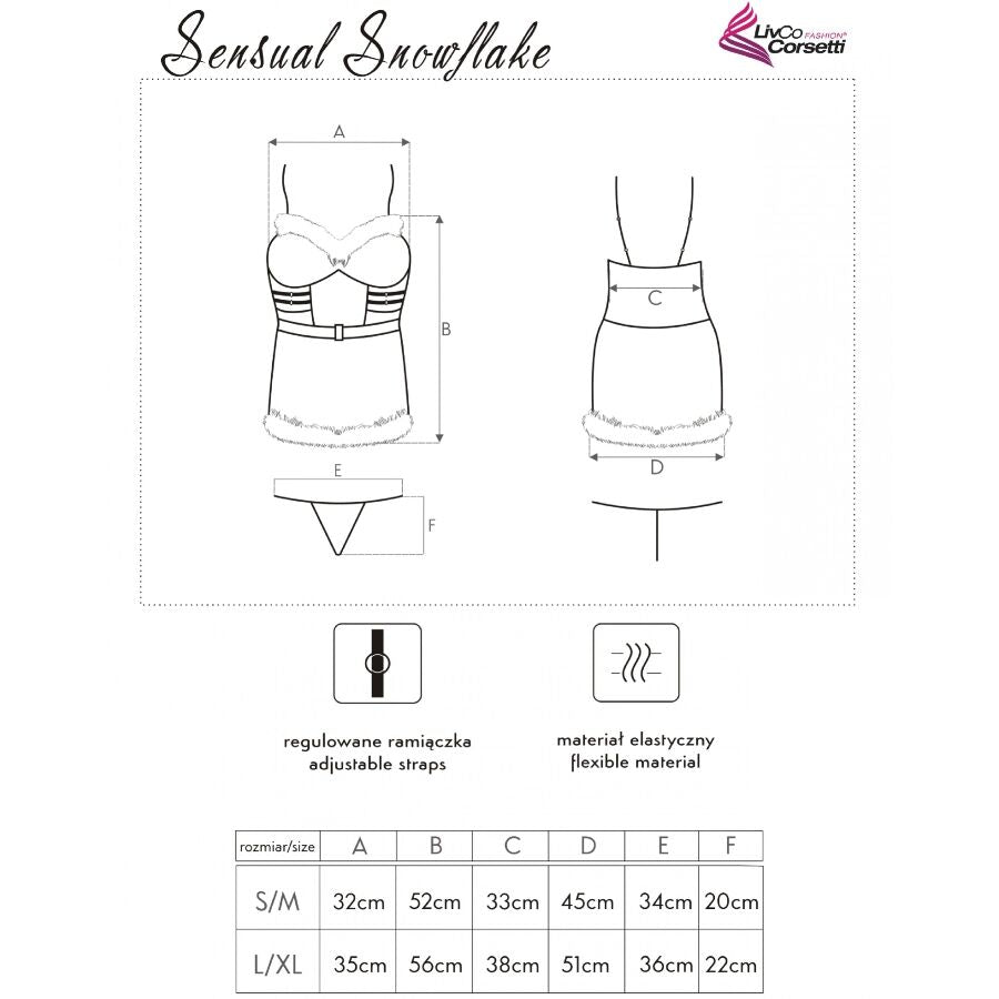 Fiche technique Sensual Snowflake Livco Corsetti, croquis face dos et tableau des tailles S M et L XL du body de Noel, bretelles reglables tissu elastique.