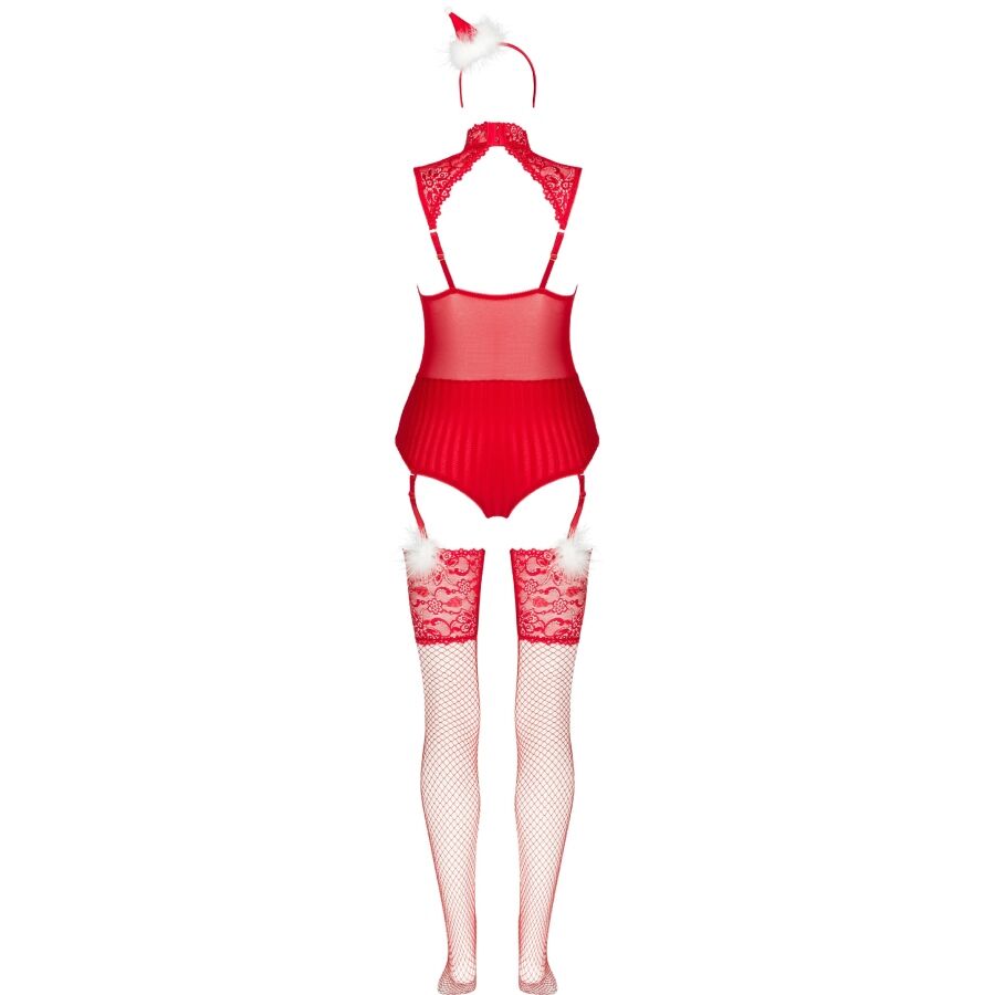 Costume de Noel rouge Livco Corsetti presente a plat de dos, bustier col montant, brides au dos, porte-jarretelles et bas resille rouges festifs.