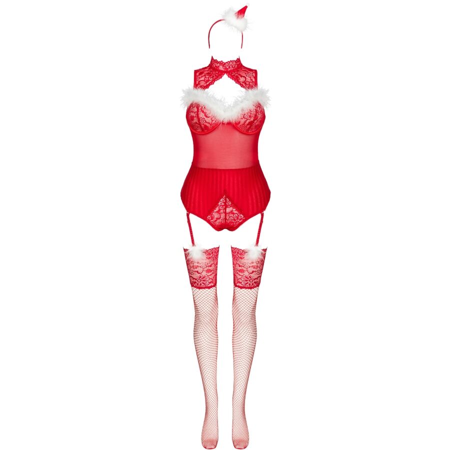 Costume de Noel rouge Limpid Snowflakes Livco Corsetti pose a plat, bustier col montant fourrure blanche, porte-jarretelles et bas resille a dentelle.