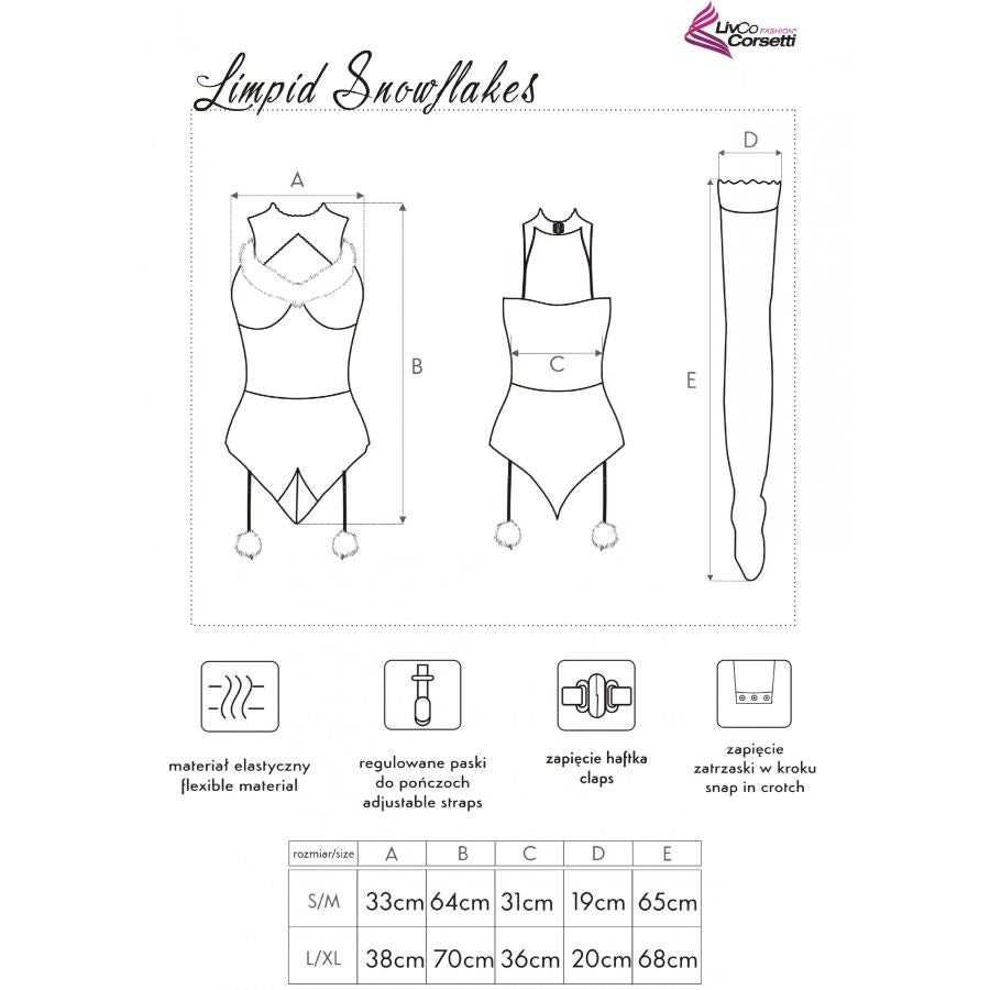 Fiche technique Limpid Snowflakes Livco Corsetti, croquis face dos et bas resille, tableau des tailles S M et L XL, materiau elastique et fermeture crochet.