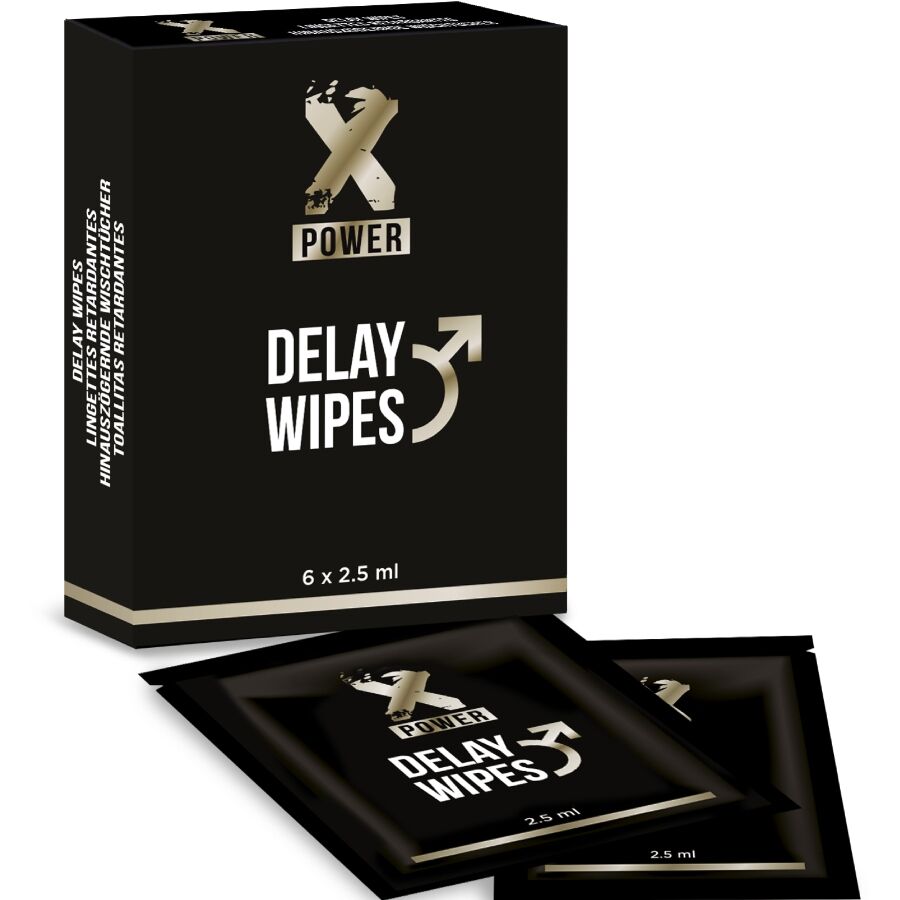 Boite noire des lingettes retardantes pour homme Xpower x6 avec deux dosettes devant, extraits de menthe poivree et millepertuis pour reduire la sensibilite