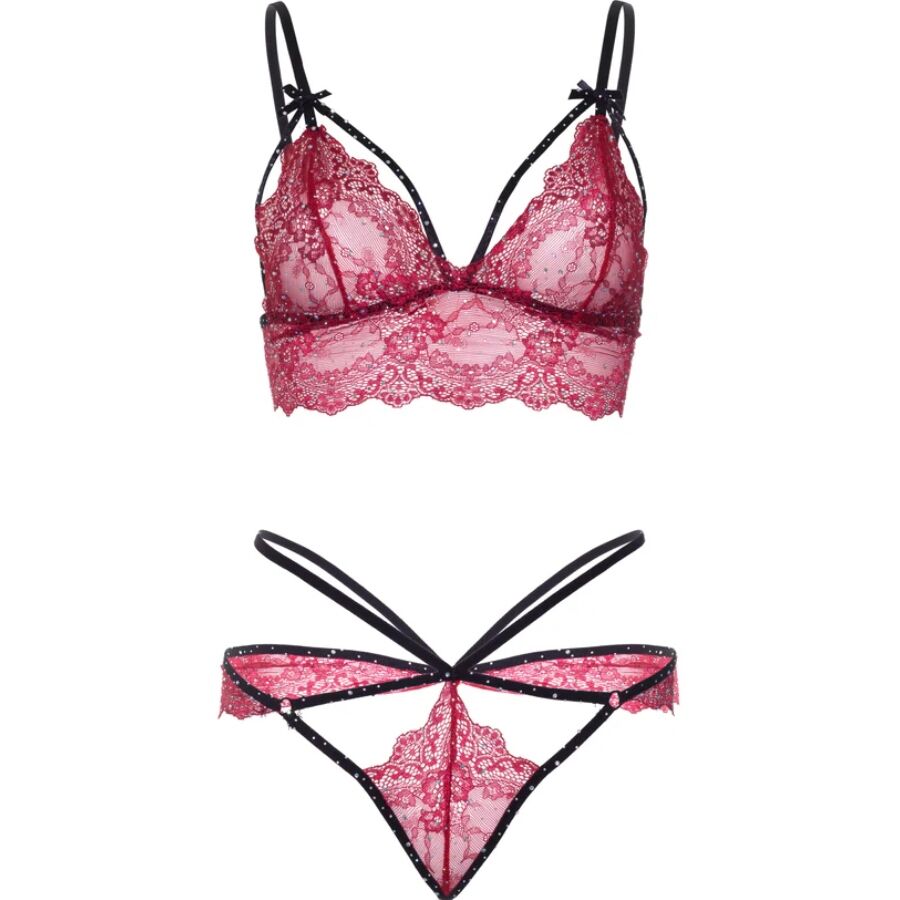 Plan produit du string ouvert assorti en dentelle rose et noire, bretelles fines et ajourage delicat, ensemble lingerie Leg Avenue.