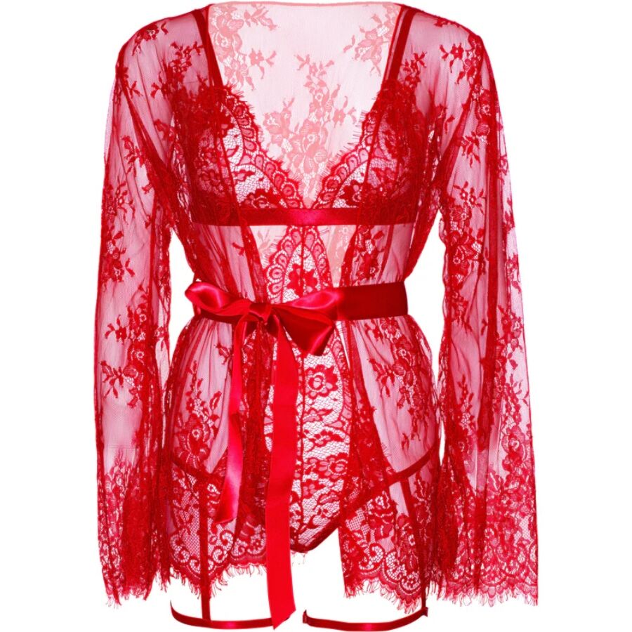 Peignoir kimono en dentelle rouge presente a plat, manches longues evasees et ceinture satin nouee, deshabille transparent Leg Avenue.