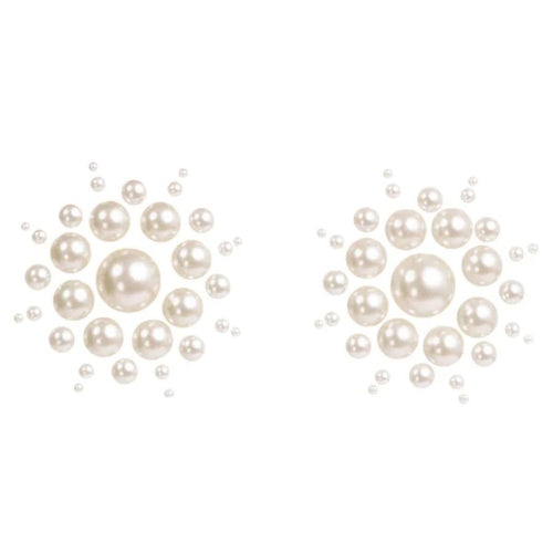 Cache-tetons Leg Avenue en perles nacrees presentes en gros plan, motif fleur de perles blanches de tailles variees, bijou de poitrine adhesif sensuel.