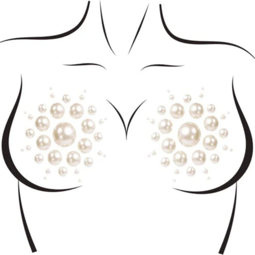Schema d'un buste feminin montrant le placement des cache-mamelons en perles nacrees Leg Avenue, motif fleur de perles dispose sur la poitrine, accessoire bijou.