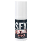 Flacon pompe Sex Control erect blanc et noir, vue de face sans emballage, creme de massage stimulante pour homme 30 ml a usage externe pour les preliminaires.