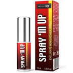 Spray stimulant Spray'M Up effet tonus pour homme, flacon argent a etiquette rouge et etui jaune et rouge, bien-etre intime 15 ml a texture legere et absorption rapide.