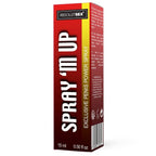 Etui rouge Spray'M Up exclusive penis power spray de profil, visuel typographique sans anatomie, spray stimulant pour homme 15 ml a absorption rapide.