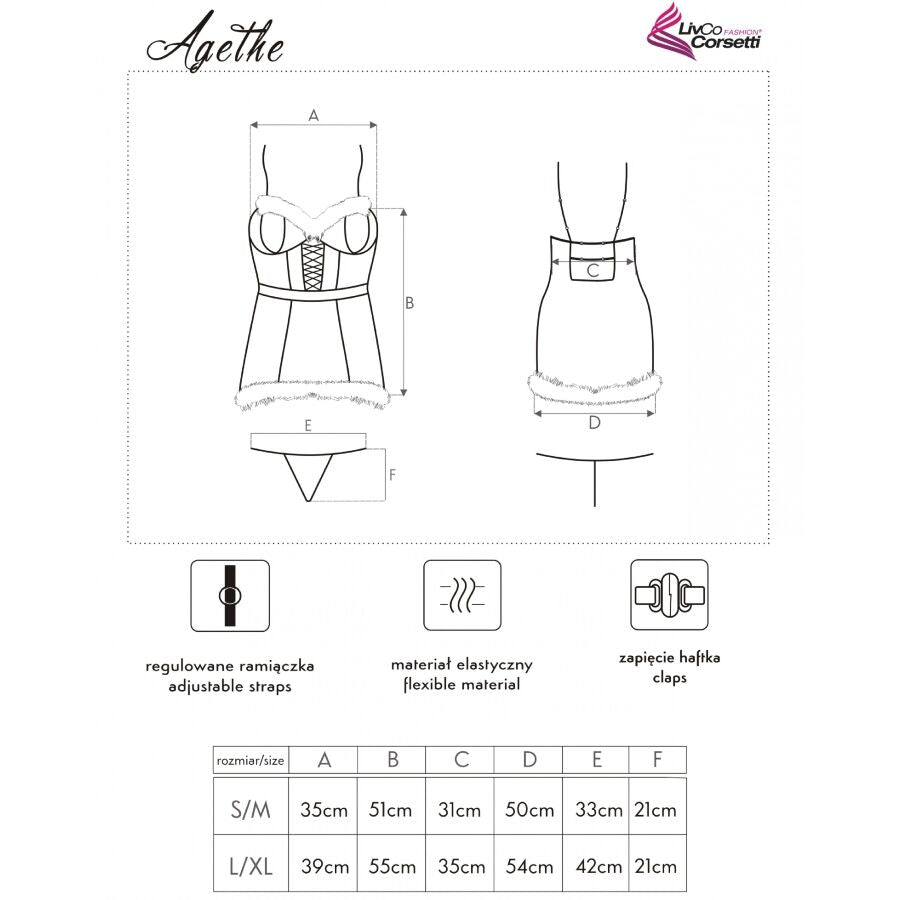Fiche technique Agethe Livco Corsetti, croquis face dos de la chemise de Noel et tableau des tailles S M et L XL, bretelles reglables et materiau elastique.