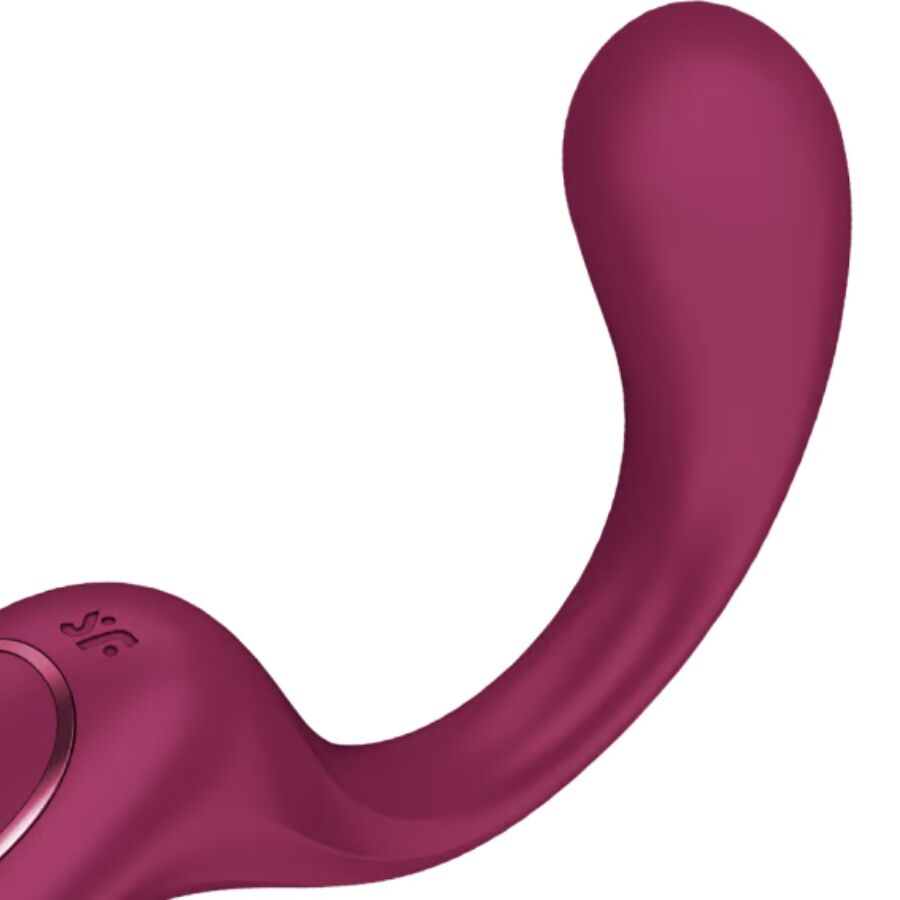 Vibromasseur point G Satisfyer G for Goddess framboise vu de trois quarts, tige courbee galbee en silicone et base de commande, stimulation profonde.