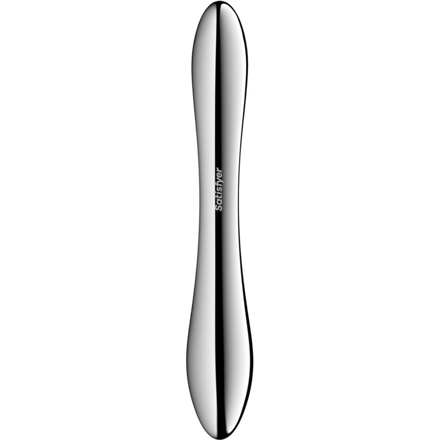 Vue droite du gode Satisfyer en acier inoxydable a double bout renfle, tige effilee au centre et poids substantiel pour une stimulation profonde du point G