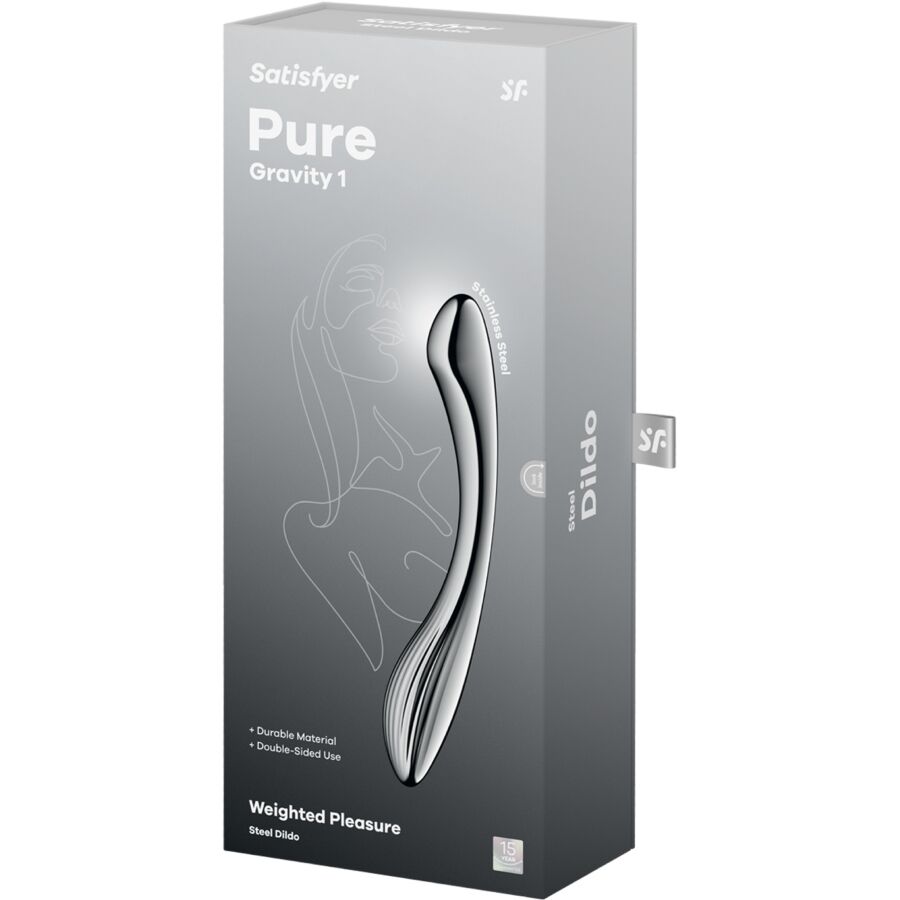 Boite Satisfyer Pure Gravity 1 gris argent, gamme Weighted Pleasure, presentant le gode incurve en acier inoxydable et son schema d'utilisation stylise sur fond clair