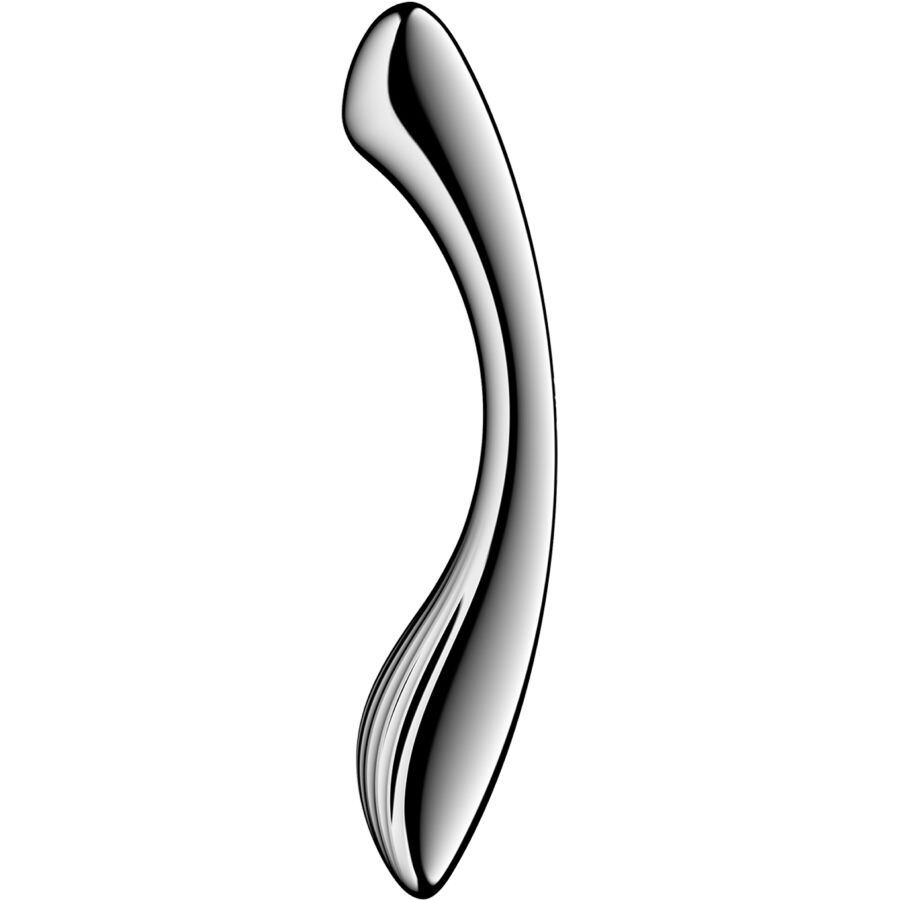 Gode incurve Satisfyer en acier inoxydable, forme en S aux reflets chromes, double extremite lourde guidant une pression ferme et profonde sur le point G en douceur