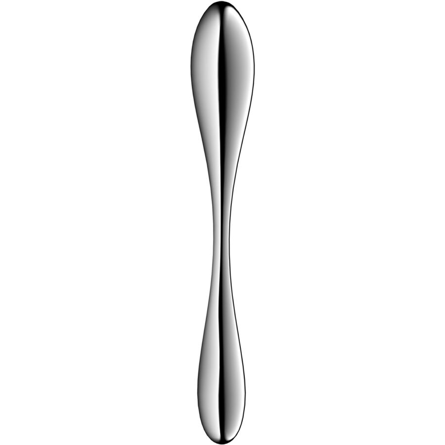 Dildo Satisfyer en acier chrome a double extremite arrondie et taille resserree, jouet metallique lourd au fini miroir, double face sans aspect realiste.