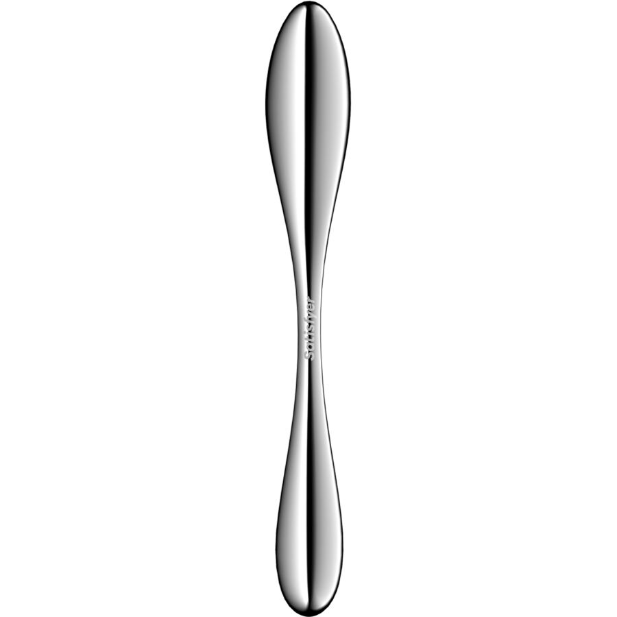 Dildo Satisfyer en acier inoxydable de face, silhouette sablier a deux bouts bombes, jouet metallique poli au plaisir lesté pour stimulation interne.