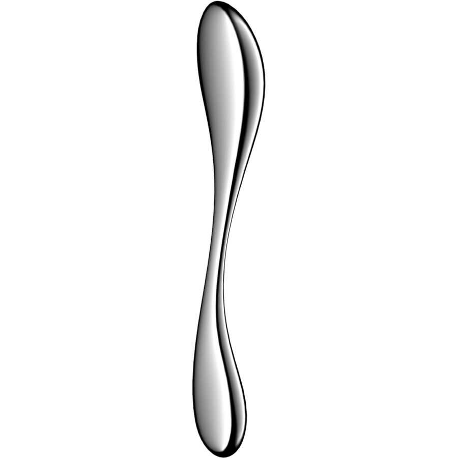 Dildo metallique Satisfyer en acier inoxydable chrome, corps fuselé a deux extremites bombees, jouet lourd poli miroir pour stimulation interne lisse.