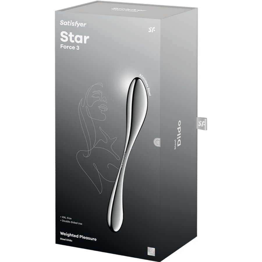 Boite Satisfyer Star Force 3 grise, packaging Steel Dildo avec visuel du jouet metallique fuselé, mentions Weighted Pleasure et XXL Size.
