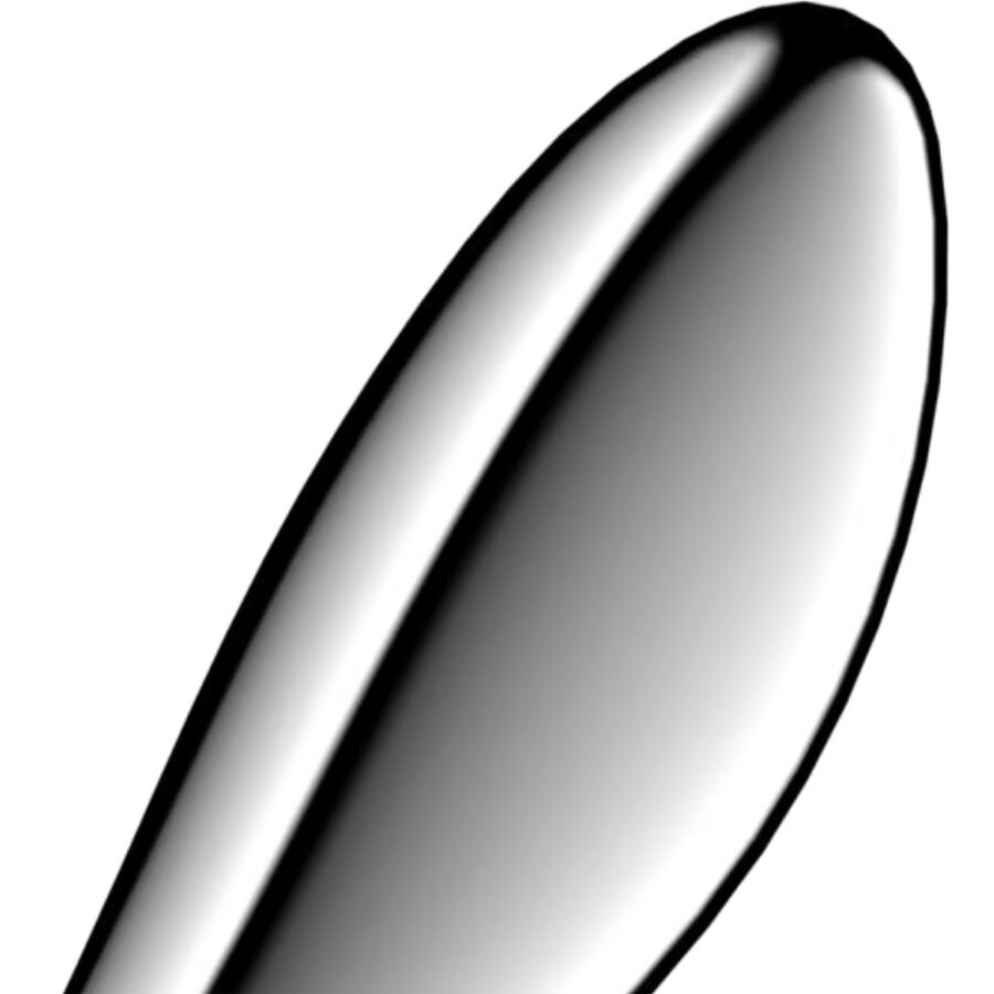 Gros plan d'une extremite ovoide du dildo metallique Satisfyer, acier poli ultra reflechissant, jouet lourd double face pour le point G.