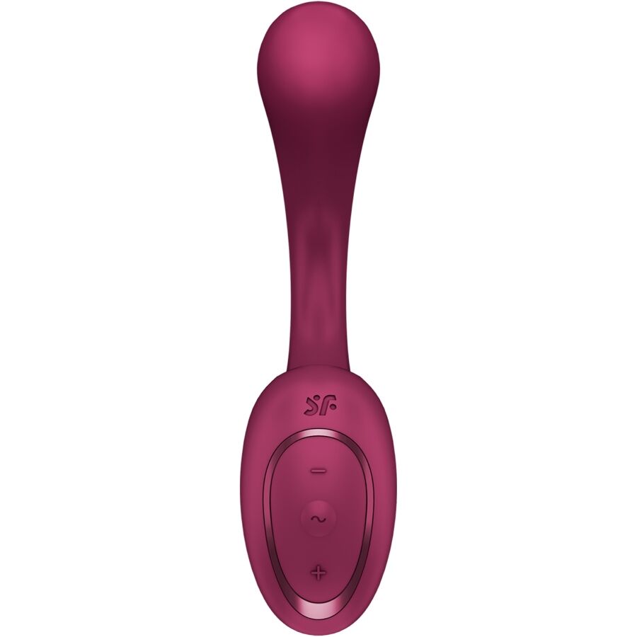 Vibromasseur point G Satisfyer framboise vu de face, tige effilee galbee en silicone et base ovale a boutons, stimulation du point G ciblee.