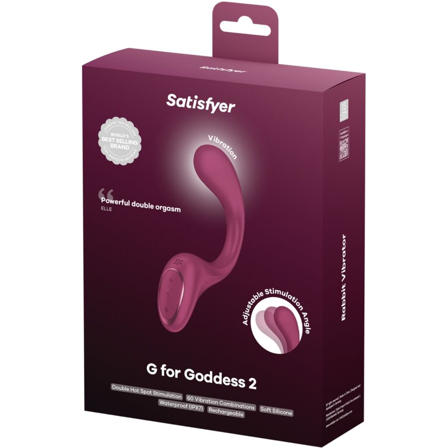 Boite du vibromasseur point G Satisfyer G for Goddess 2 framboise, visuel du produit incurve et illustration, double stimulation et bras ajustable.