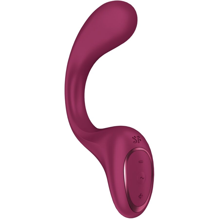 Vibromasseur point G Satisfyer G for Goddess framboise, tige incurvee en silicone et base de commande arrondie, double stimulation interne profonde.