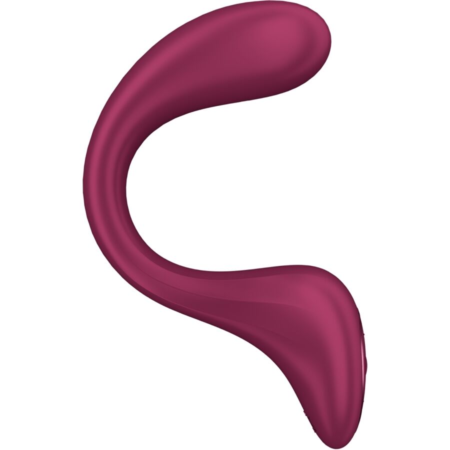 Vibromasseur point G Satisfyer framboise de profil, courbe prononcee en silicone doux et base ergonomique, stimulation interne et double orgasme.